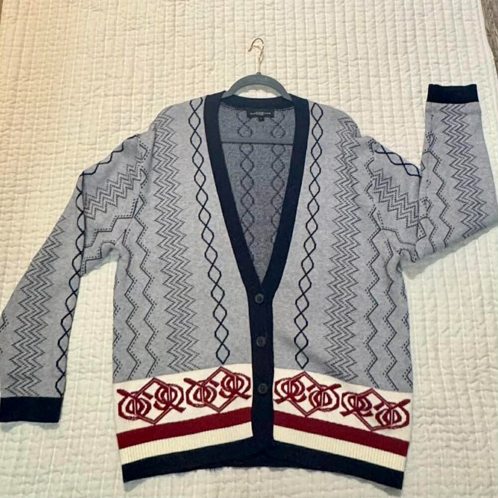 Slate & Willow Gray Navy Cream Red Knit Cardigan – Size Large - Picture 3 of 6